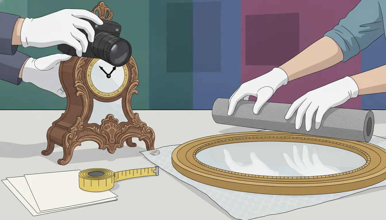 Gloved hands photographing and safely preparing an antique clock and mirror