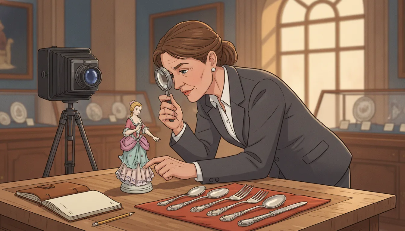 Antique specialist examining a porcelain figurine and silver flatware during an appraisal