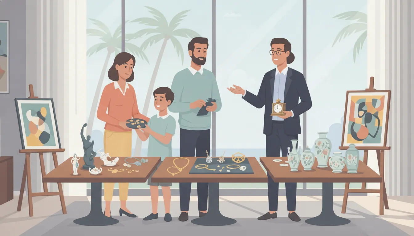 Family sorting inherited art and collectibles with an auction specialist