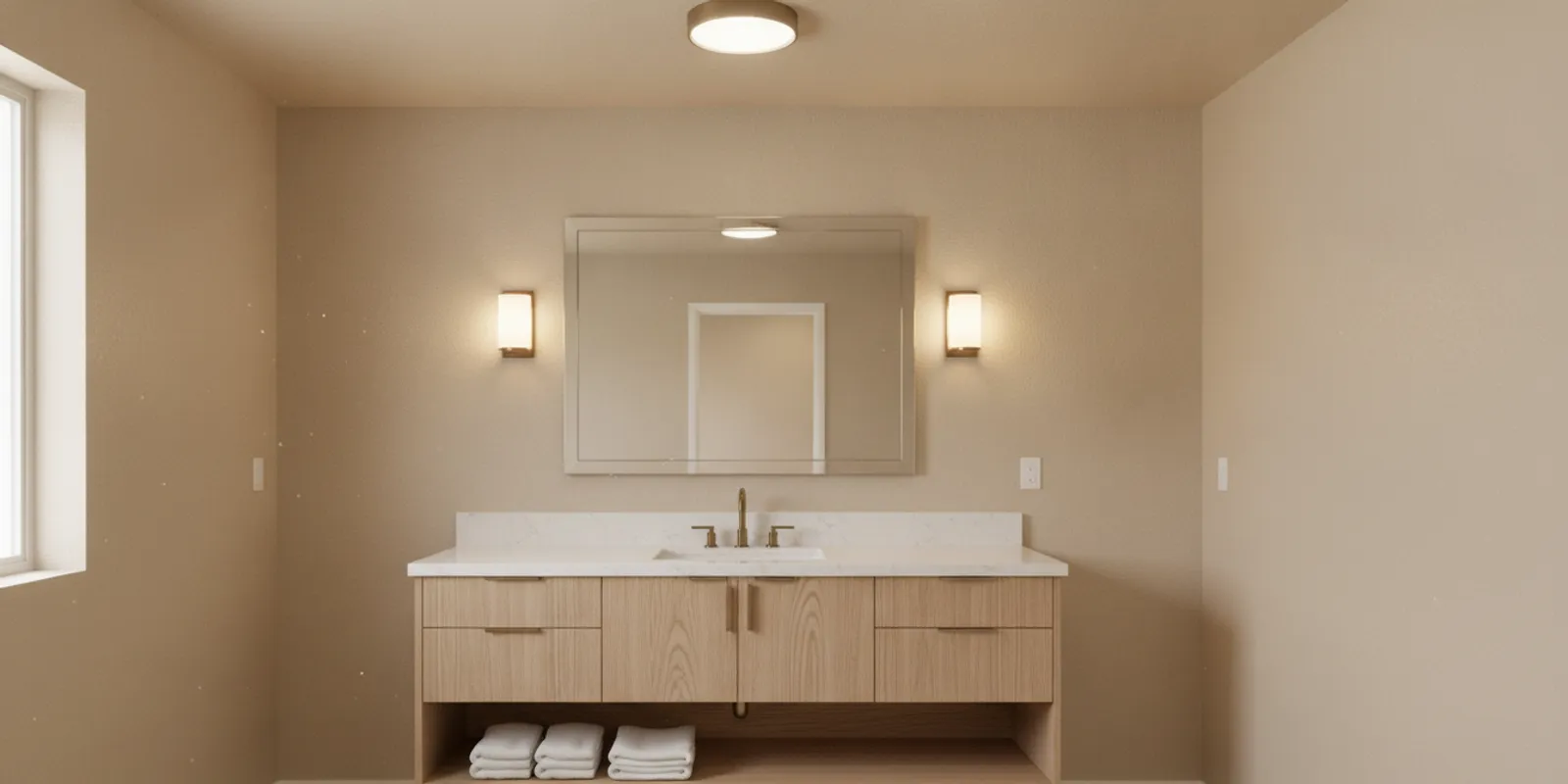 Layered bathroom lighting with vanity sconces and a ceiling fixture
