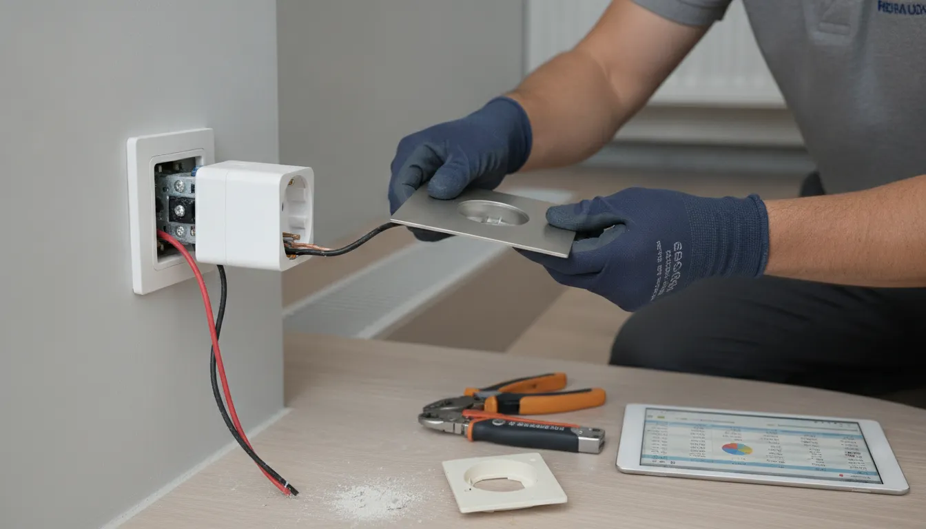 Electrician replacing an electrical outlet with tools and exposed wiring.