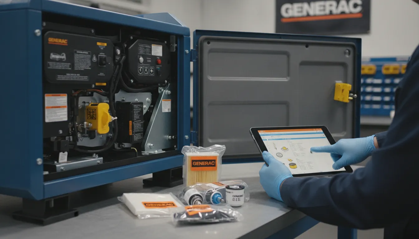 Technician uses a tablet to identify compatible Generac generator parts and a maintenance kit.