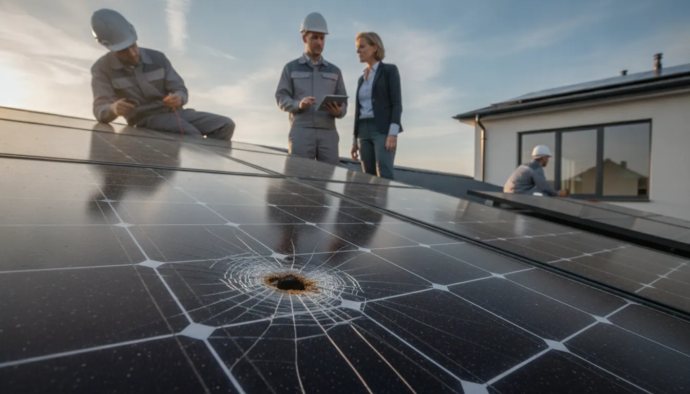 Technicians inspect a cracked solar panel during rooftop repair.