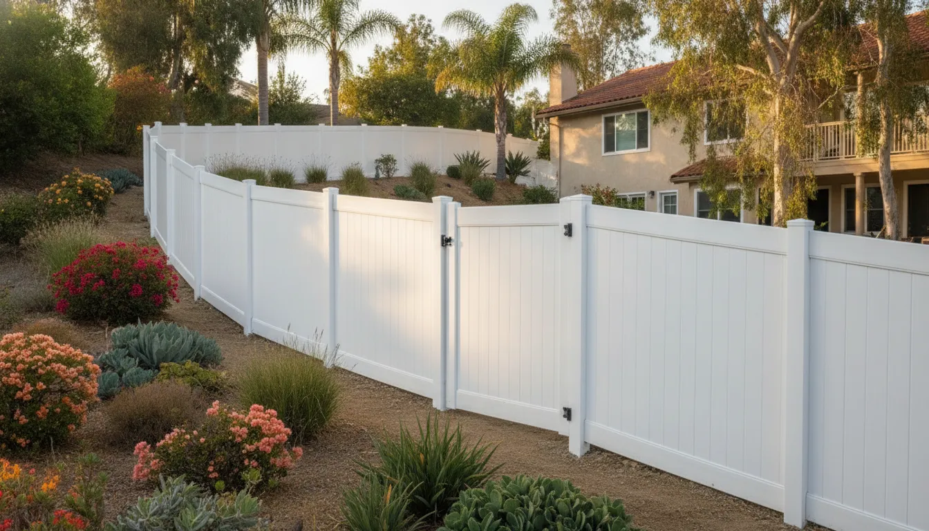 8ft Vinyl Fence Panels: Complete Buying Guide 1 Tall white vinyl fence planned along a gently sloped Southern California yard
