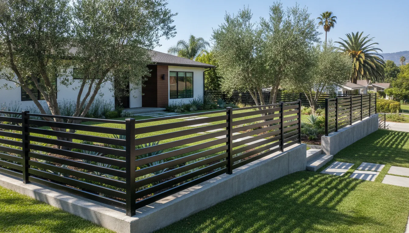 Best Fence for Coastal Areas Orange County: Selection Guide 2 Black aluminum fence installed around an Orange County home for aluminum fence cost per foot planning