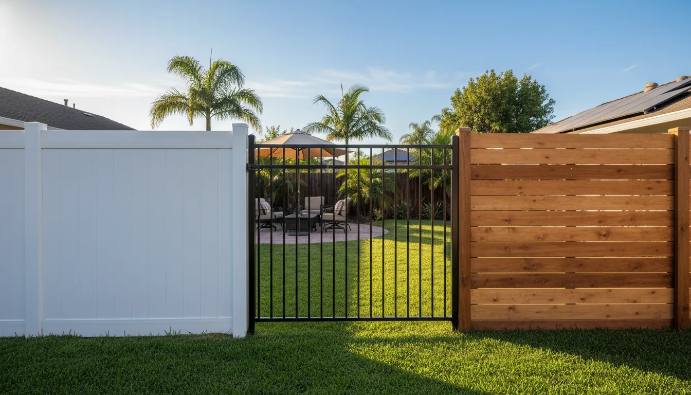 Best Fence for Coastal Areas Orange County: Selection Guide 3 White vinyl, black aluminum, and natural wood fences in an Orange County yard