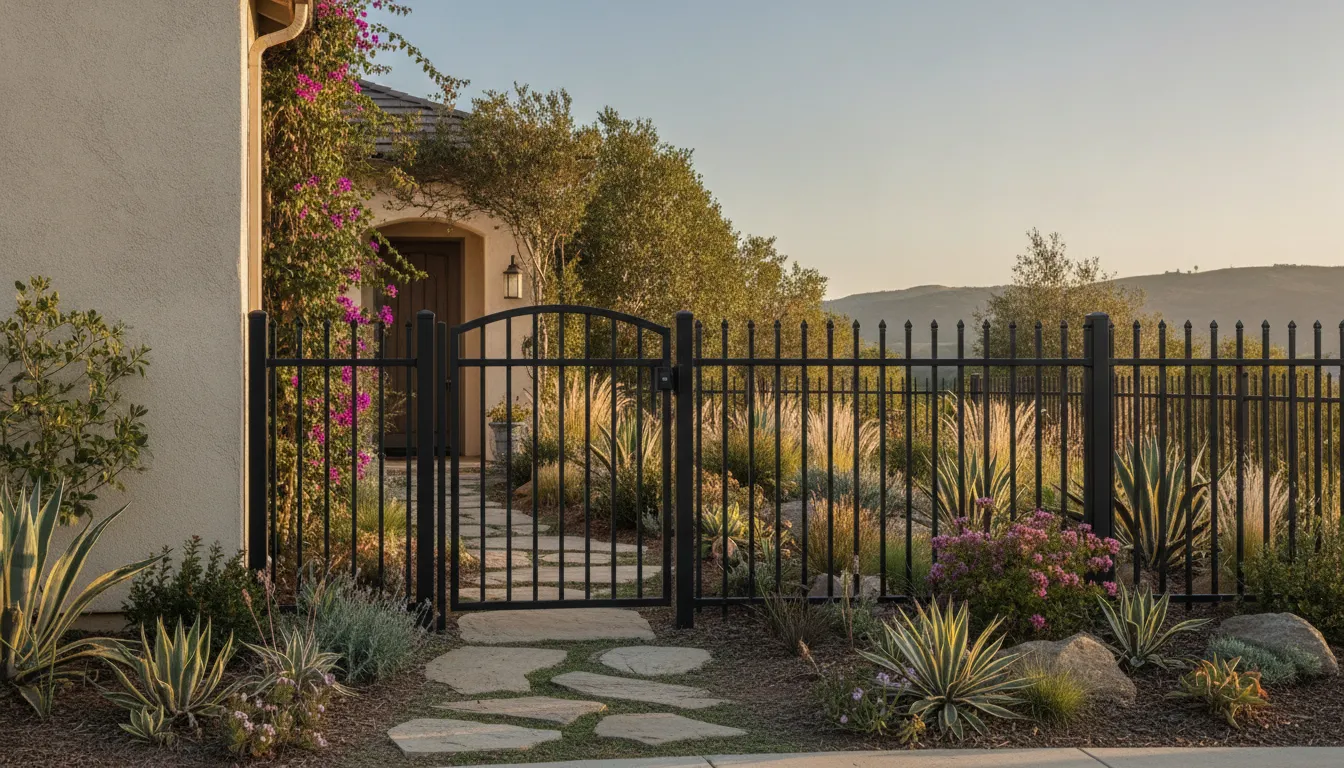 Aluminum Gate Guide for Southern California Homes 1 Black aluminum gate at a landscaped Southern California home
