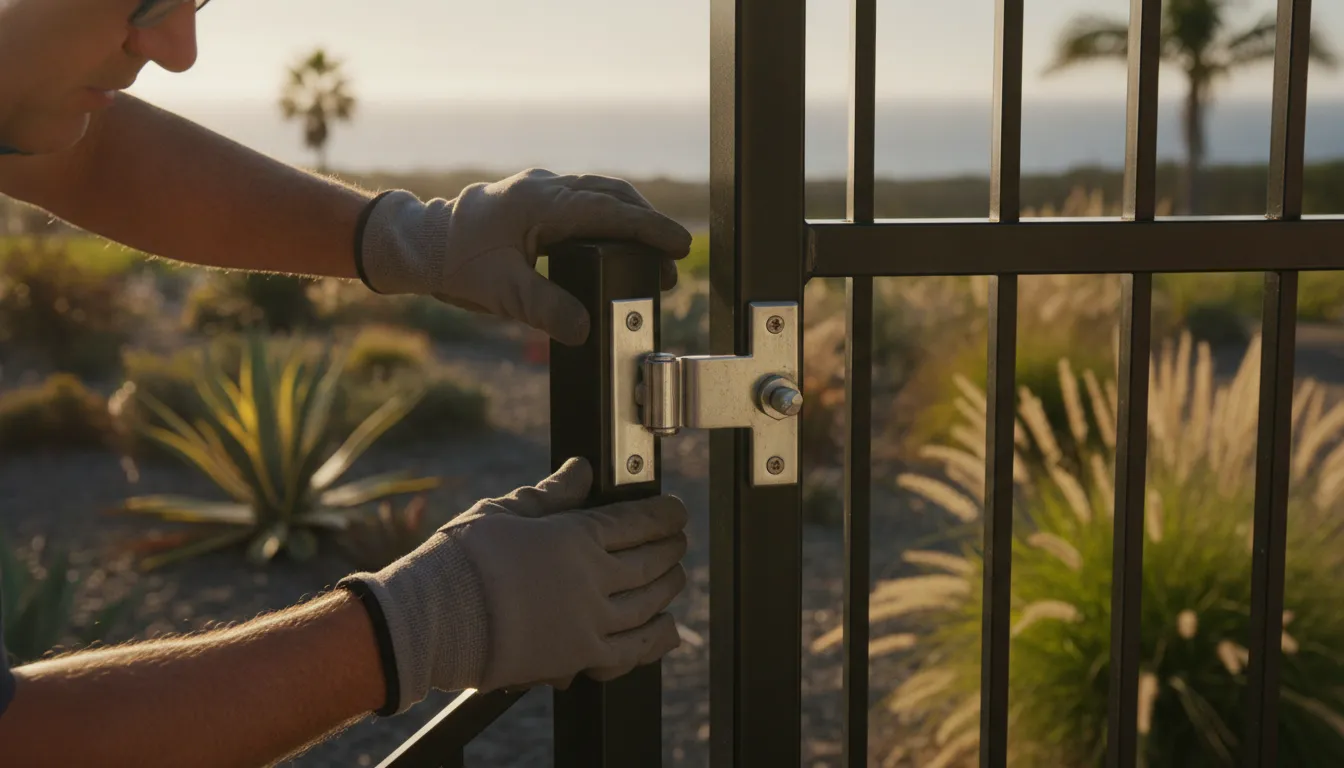 Aluminum Gate Guide for Southern California Homes 2 Homeowner gently cleaning an aluminum gate near a Southern California home