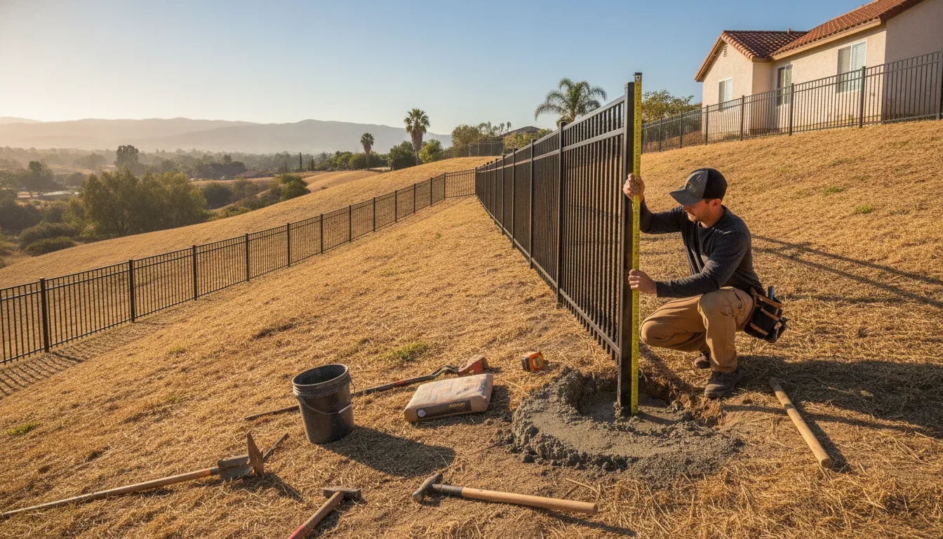 Aluminum Picket Fence Panels: Orange County Guide 1 Installer measuring an aluminum picket fence panel on a sloped Southern California yard