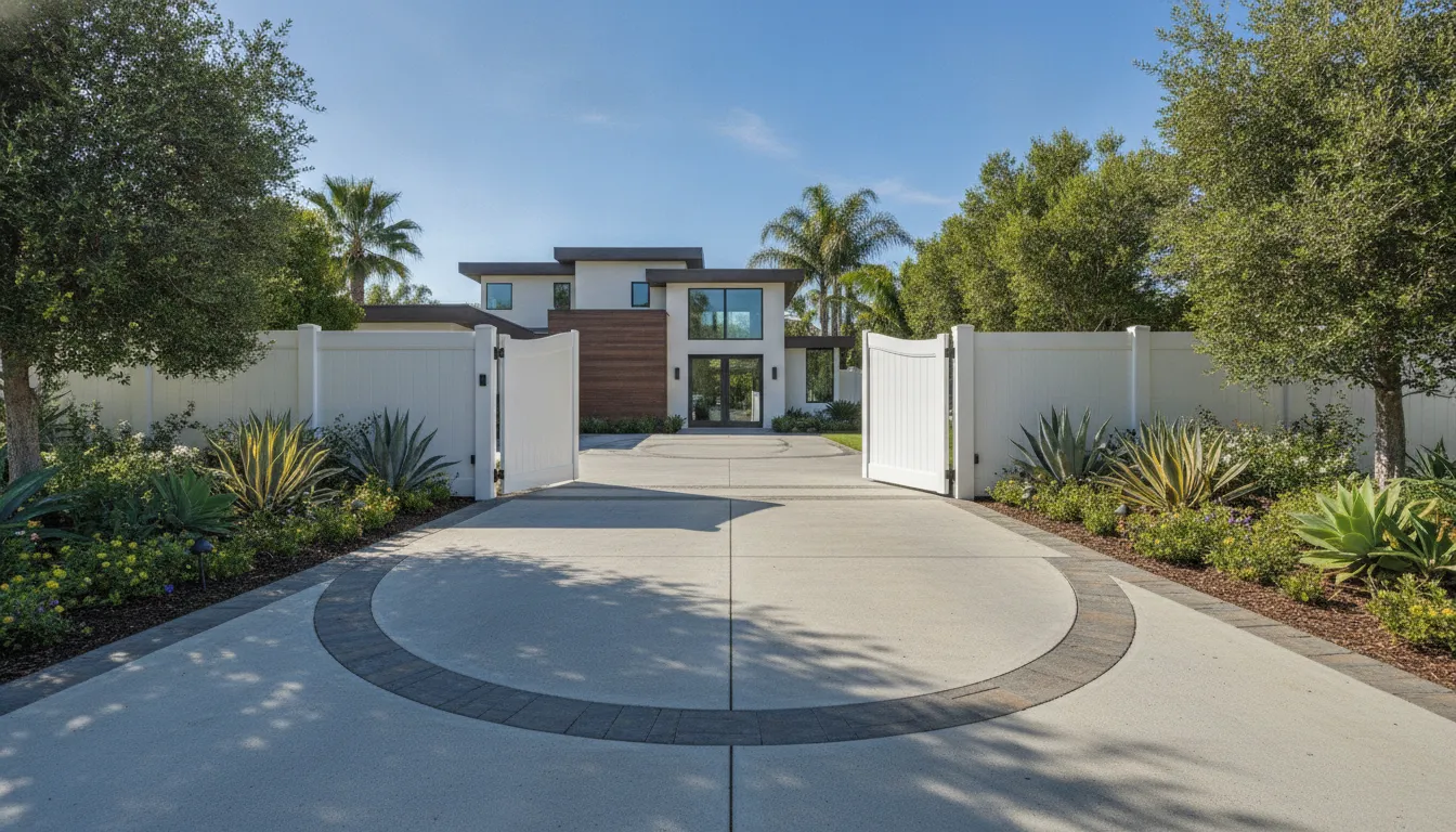 Vinyl Driveway Gate Styles for Southern California Homes 1 Double vinyl driveway gate with clearance for a vehicle approach
