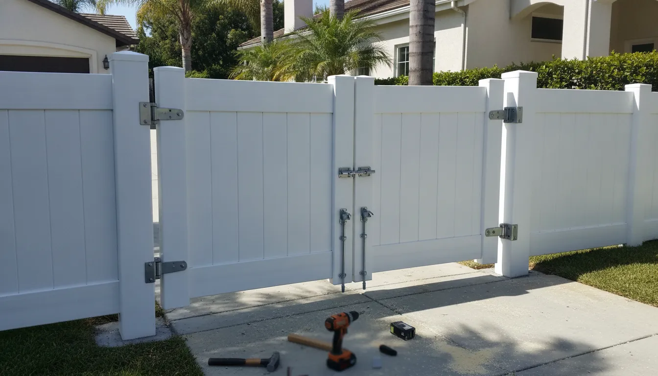 Vinyl Driveway Gate Styles for Southern California Homes 2 Vinyl driveway gate hardware including hinges, latch, and drop rod