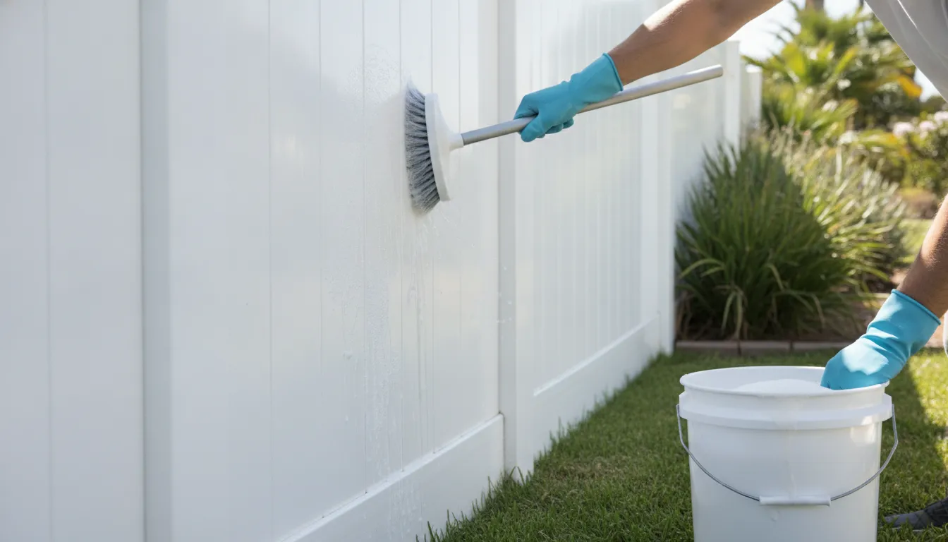 Vinyl Fence Maintenance Calendar: Monthly Care 2 Homeowner gently washing a white vinyl fence with a soft brush