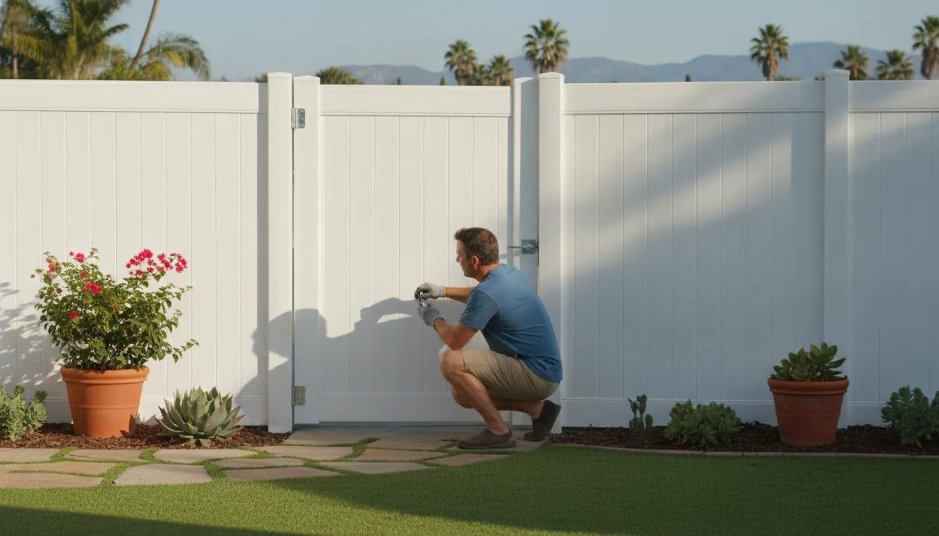 Vinyl Fence Maintenance Calendar: Monthly Care 3 Homeowner inspecting a white vinyl gate latch and alignment