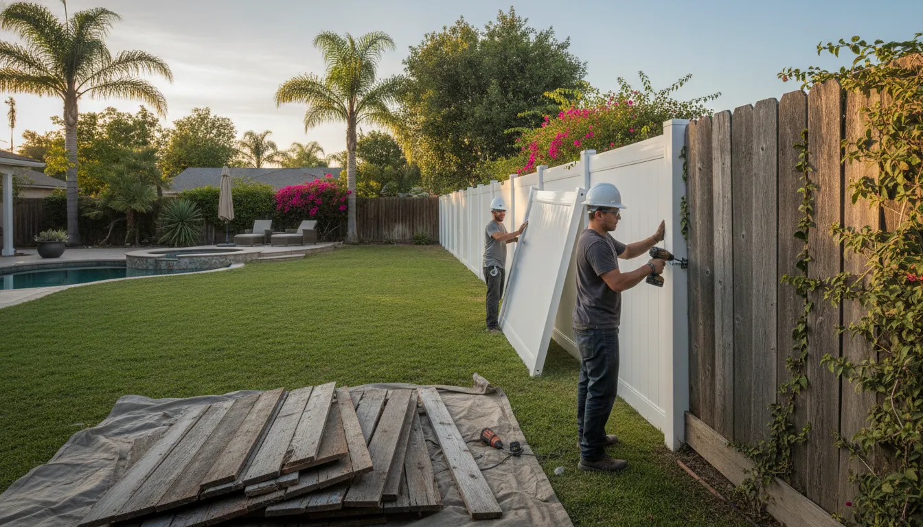 Fence Replacement Cost: When and Why to Upgrade 1 Installer aligning a white vinyl privacy fence during replacement