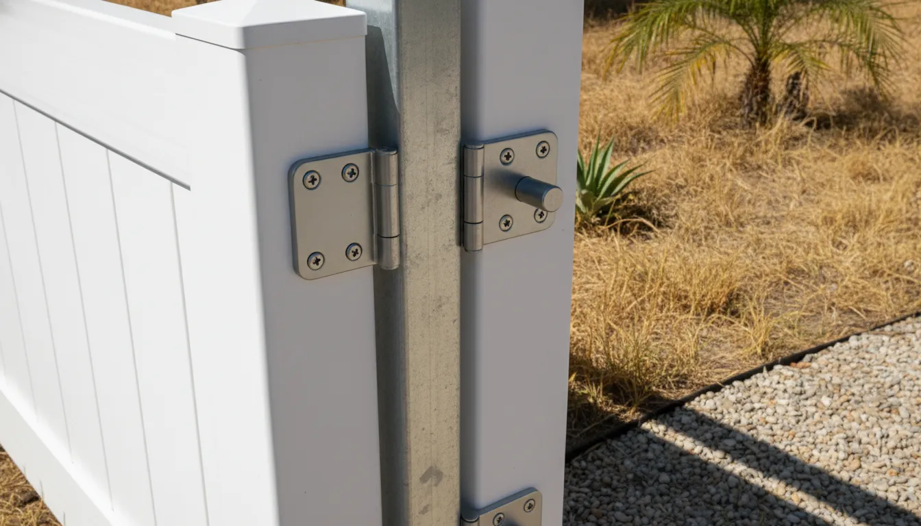 Vinyl Fence Gate Hardware: A Practical Buyer Guide 1 Aligned hinges and latch on a vinyl fence gate post