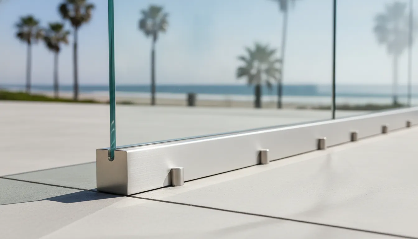 Glass Railing Hardware: Components, Grades & Code 1 Stainless steel glass railing hardware at a clear glass deck panel