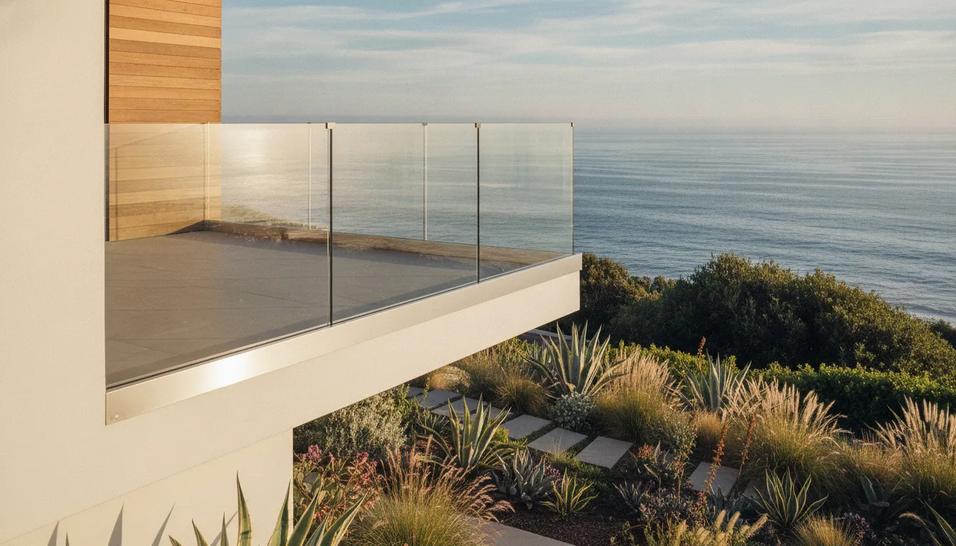 Frameless Glass Balcony Railing: OC Guide 1 Homeowner safely rinsing a frameless glass balcony railing on an Orange County balcony