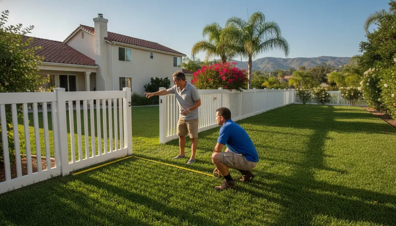 Vinyl Fence HOA Rules Orange County: Homeowner Checklist 2 Contractor measuring a vinyl fence run for an Orange County HOA application
