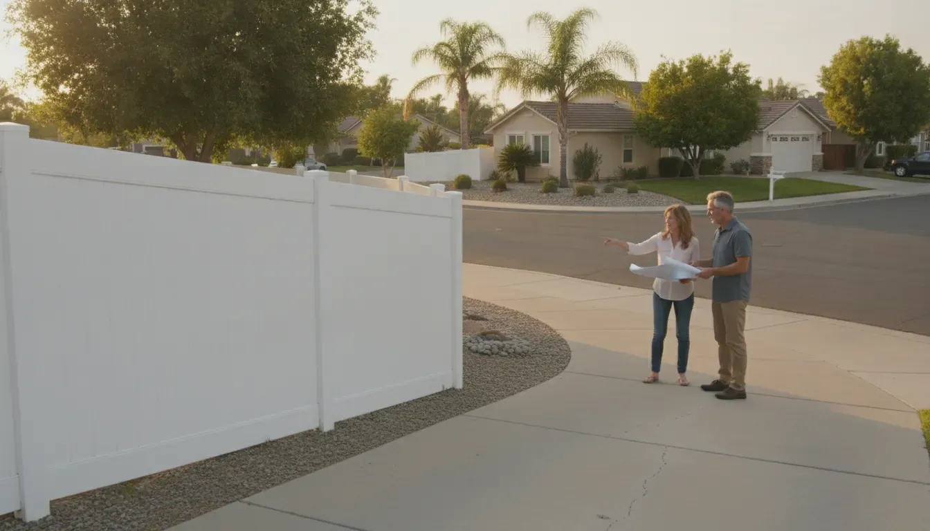 Vinyl Fence HOA Rules Orange County: Homeowner Checklist 1 White vinyl fence and driveway sight line at an Orange County corner lot
