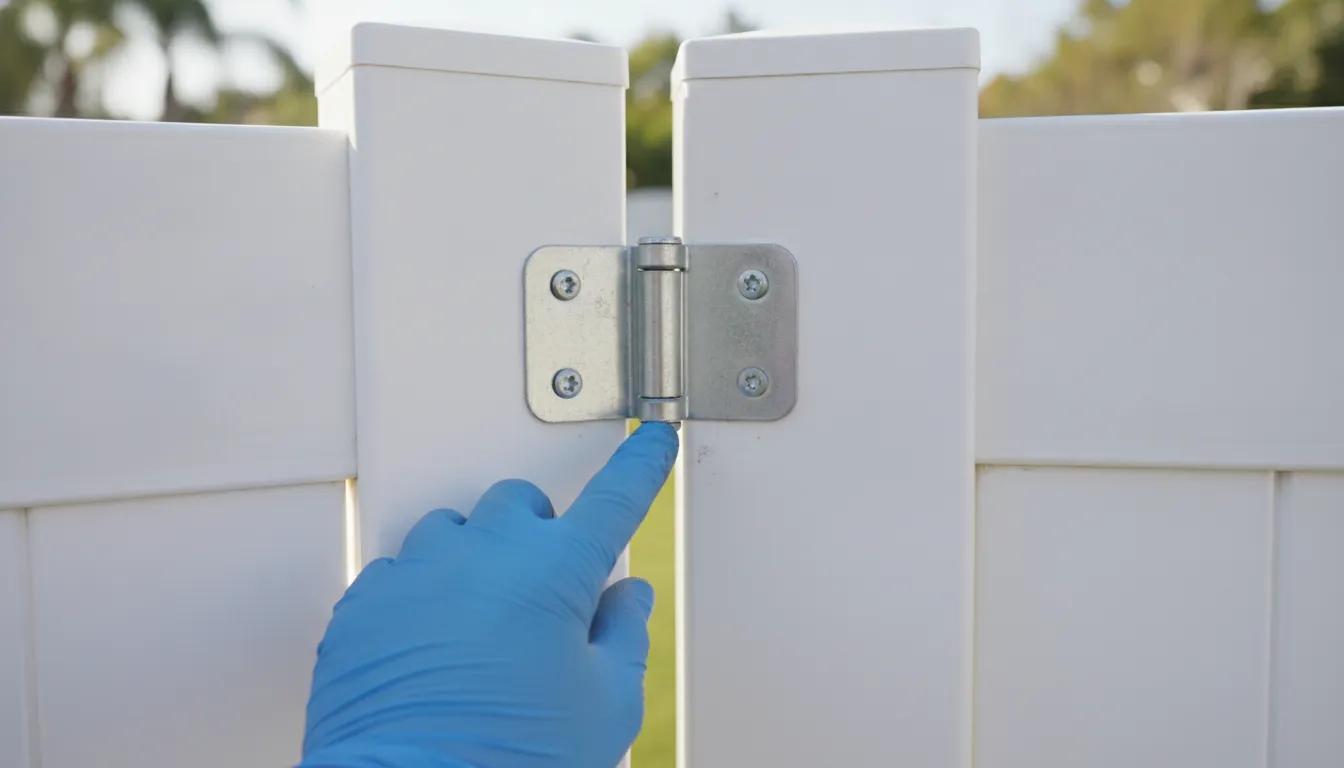 Vinyl Gate Repair Signs: Five Problems to Check in OC 1 Vinyl gate showing an alignment concern near the hinge in an Orange County yard