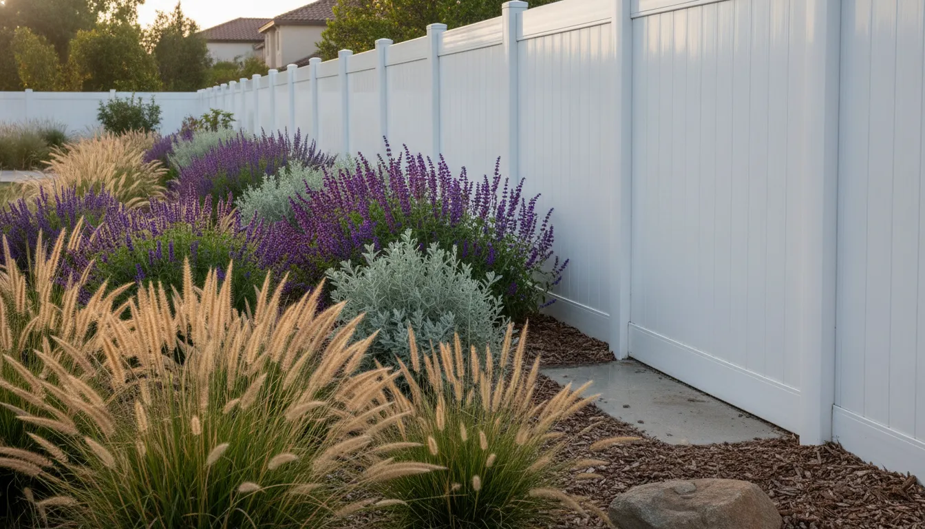 Landscaping Along White Vinyl Fence: A Practical Guide 1 Layered landscaping with clearance beside a white vinyl fence