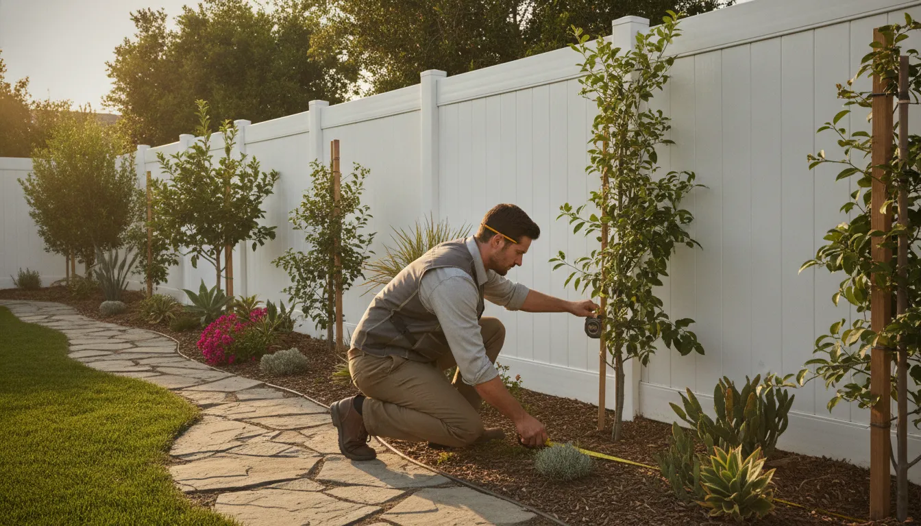 Privacy Vinyl Fence Backyard Orange County Guide 1 Contractor measuring a white vinyl fence line in a Southern California backyard