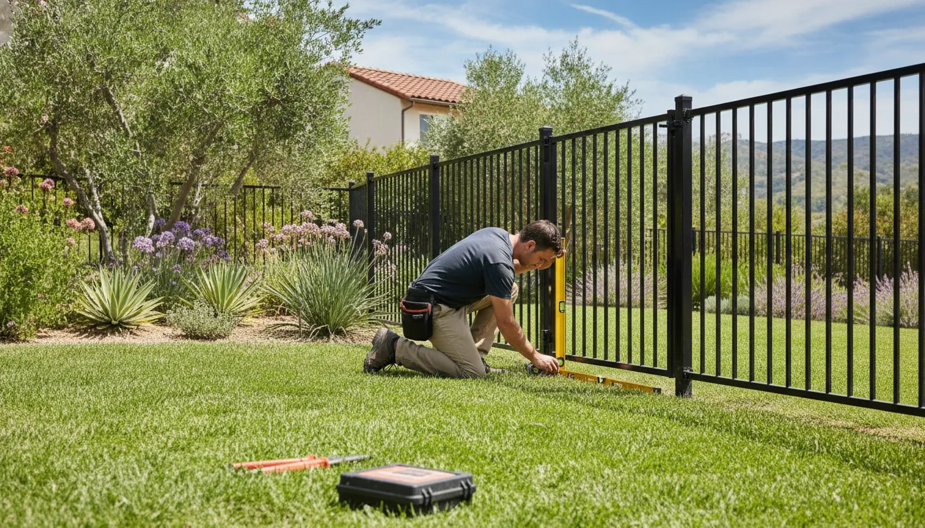 6 Ft Black Aluminum Fence: Orange County Guide 1 Fencing professional checking black aluminum fence alignment and gate clearance in a Southern California yard
