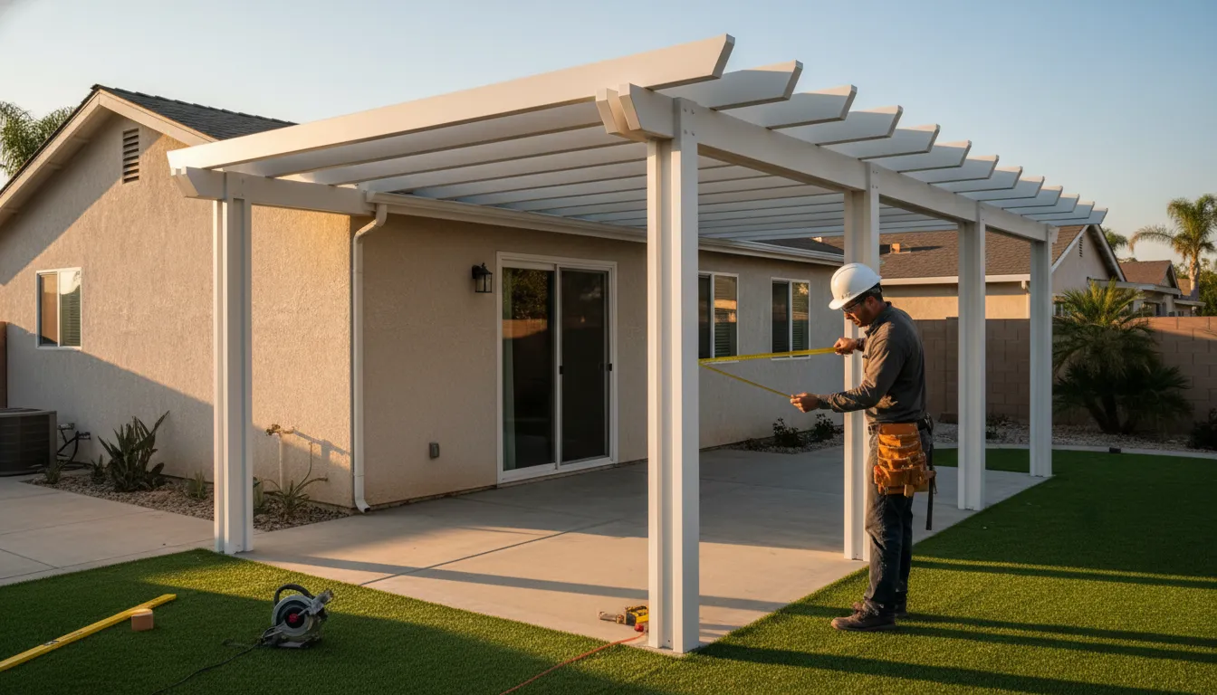 Vinyl Patio Covers: Anaheim Ideas and Cost Guide 2 Contractor measuring for the cost of vinyl patio covers in Anaheim