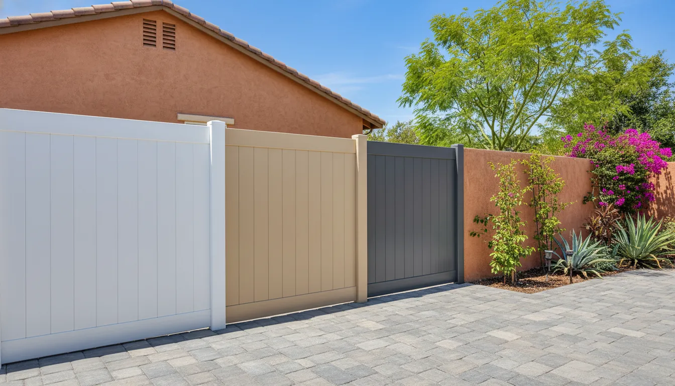 Fence Color Ideas to Match Your Home Exterior Style 1 Fence color ideas with white tan and charcoal vinyl fence samples