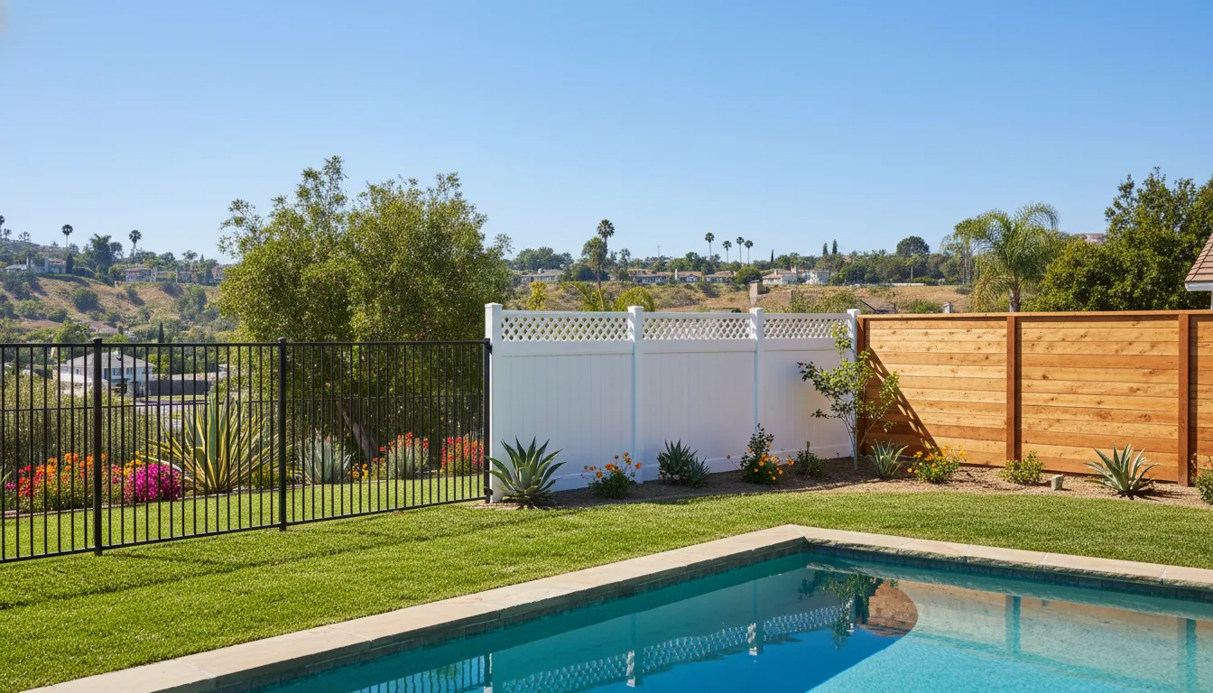 Aluminum Fence vs Vinyl vs Wood: 2026 Guide 1 Aluminum fence vs vinyl and wood material comparison in an Orange County yard