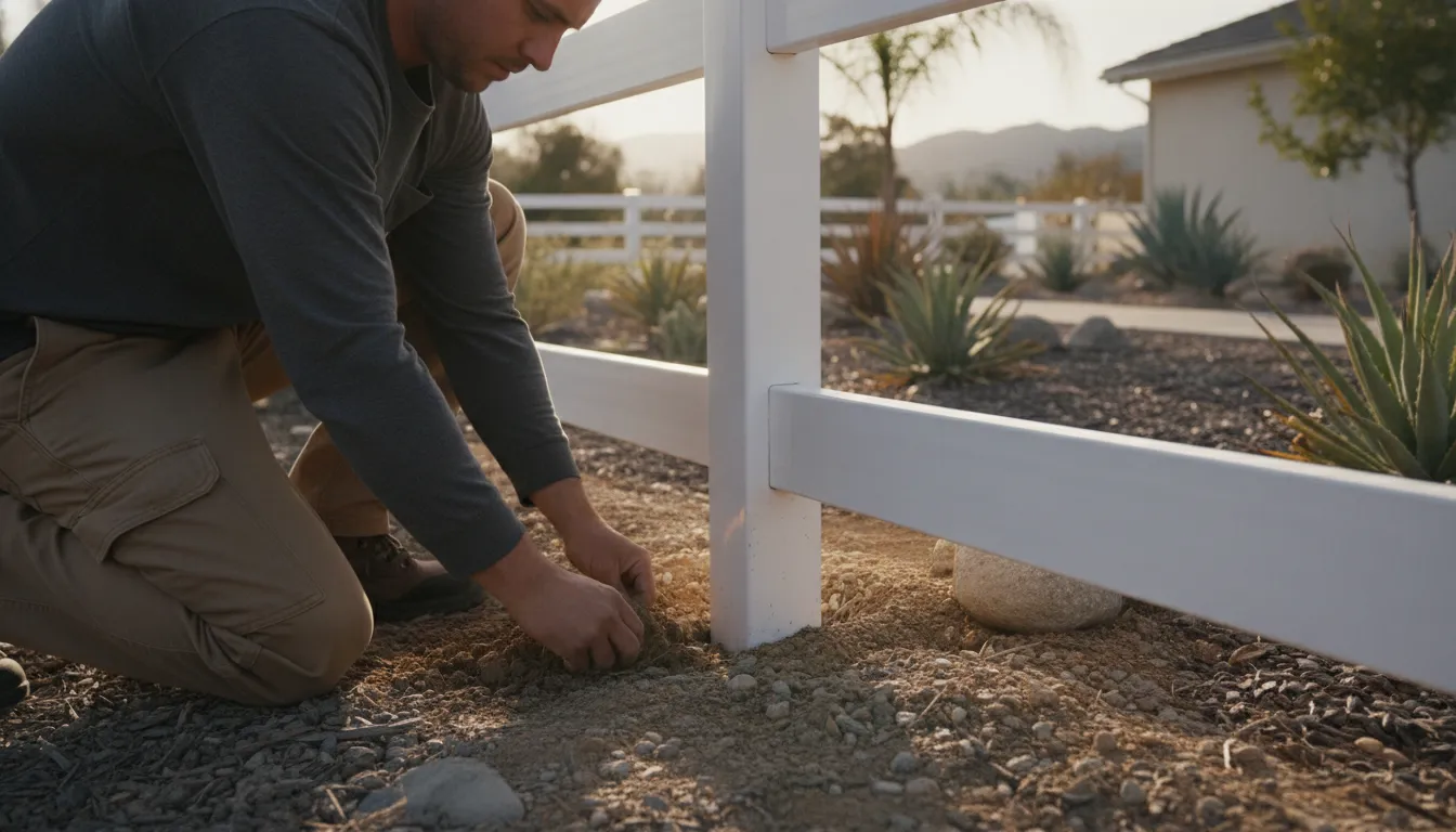 Vinyl Fence Post Replacement: A Practical Project Guide 1 Contractor inspecting a vinyl fence post footing