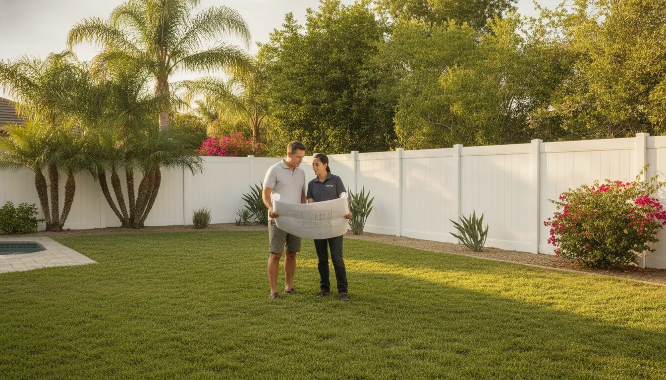 HOA Fence Rules California Homeowners Must Know 1 Homeowner and contractor preparing an HOA vinyl fence approval plan