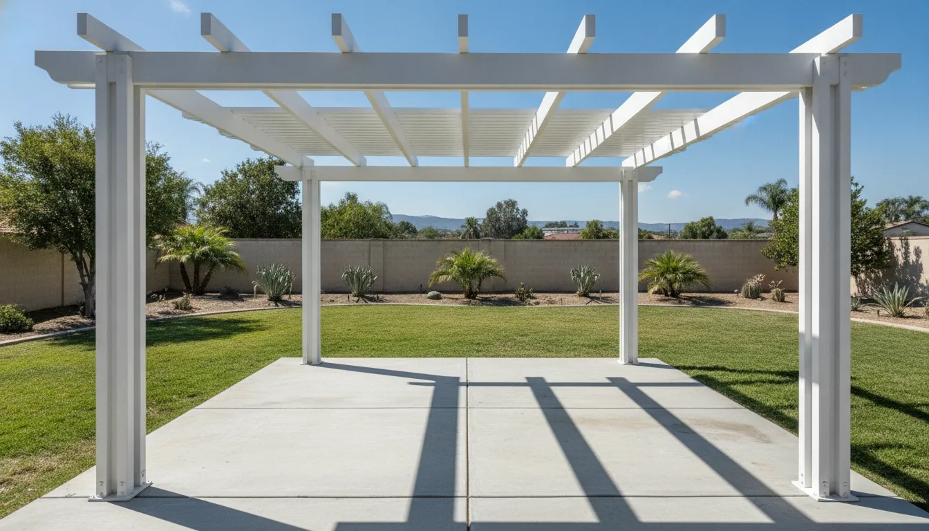 Vinyl Patio Covers: 2026 Cost, Styles & Installation 2 White vinyl patio cover posts and beams aligned during professional installation