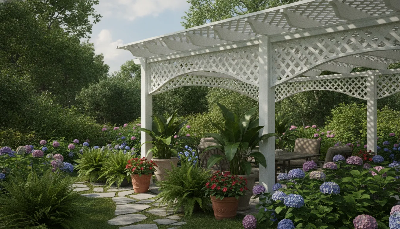 Custom Vinyl Patio Cover Design for Shade and Style 2 Vinyl patio cover with decorative lattice top detail allowing filtered sunlight through a garden setting