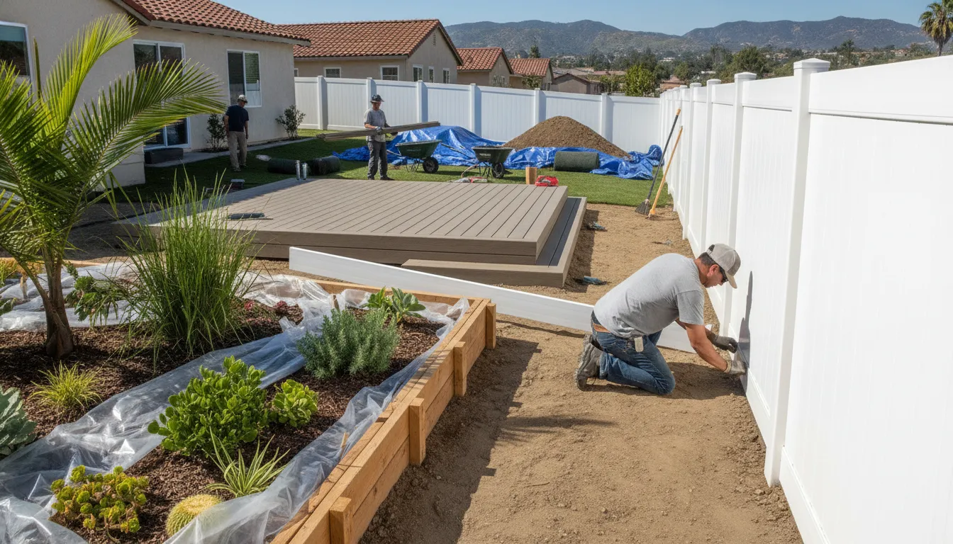Fence and Deck Companies Near Me: Orange County Guide 1 Installer coordinating a fence beside a raised backyard deck