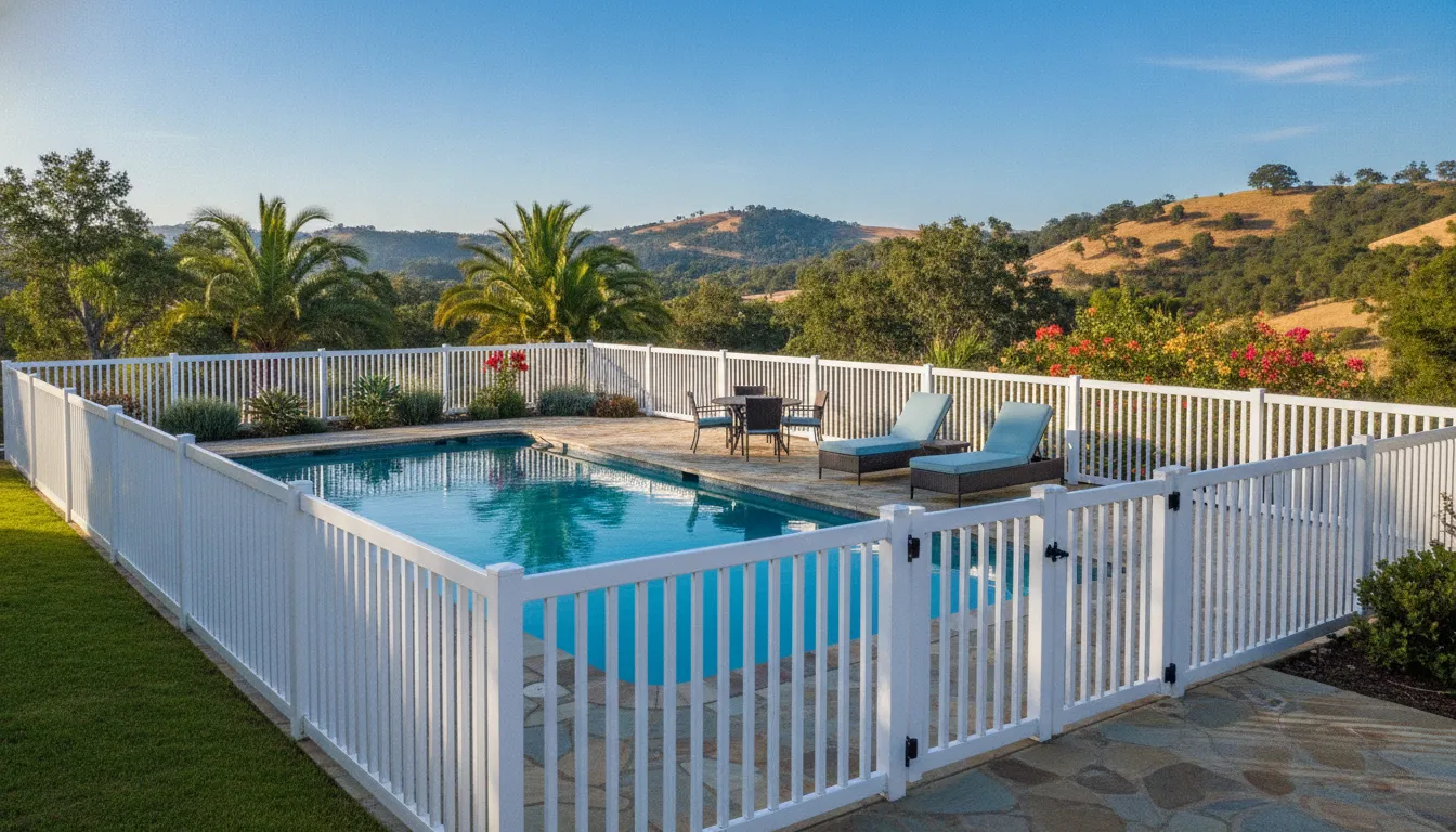Pool Fence Requirements California Compliance Guide 1 Compliant white vinyl pool fence with a self-closing safety gate in a California backyard