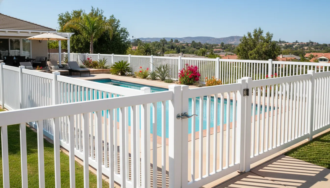 Pool Fence Requirements by State 1 White vinyl fence surrounding a backyard pool for pool fence requirements