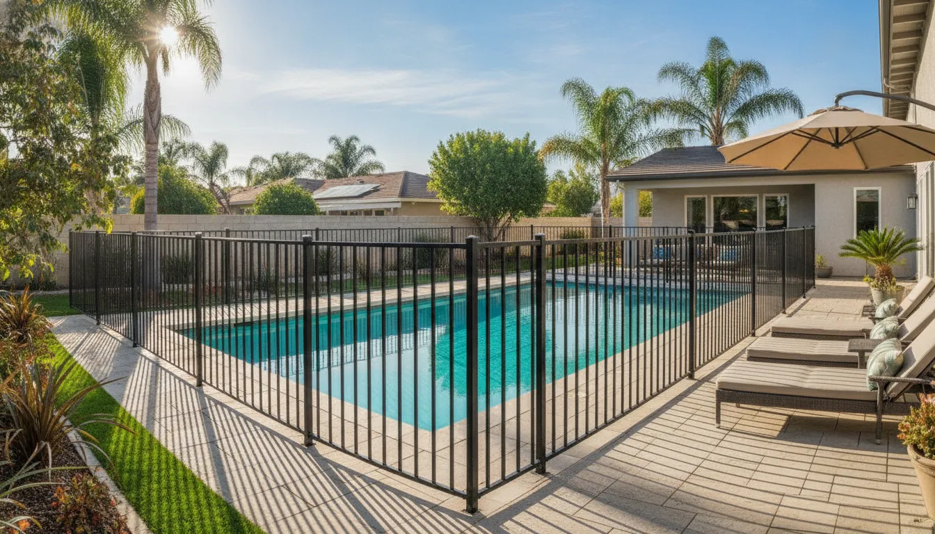 Aluminum Pool Fence Guide for Anaheim Homes 1 Black aluminum pool fence with open pickets around an Anaheim backyard pool