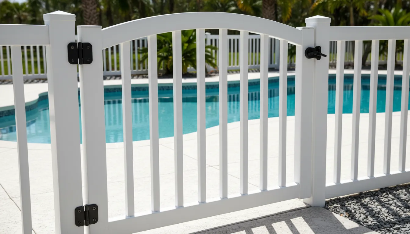 Pool Fence Requirements by State 2 Self-latching vinyl pool fence gate near swimming pool