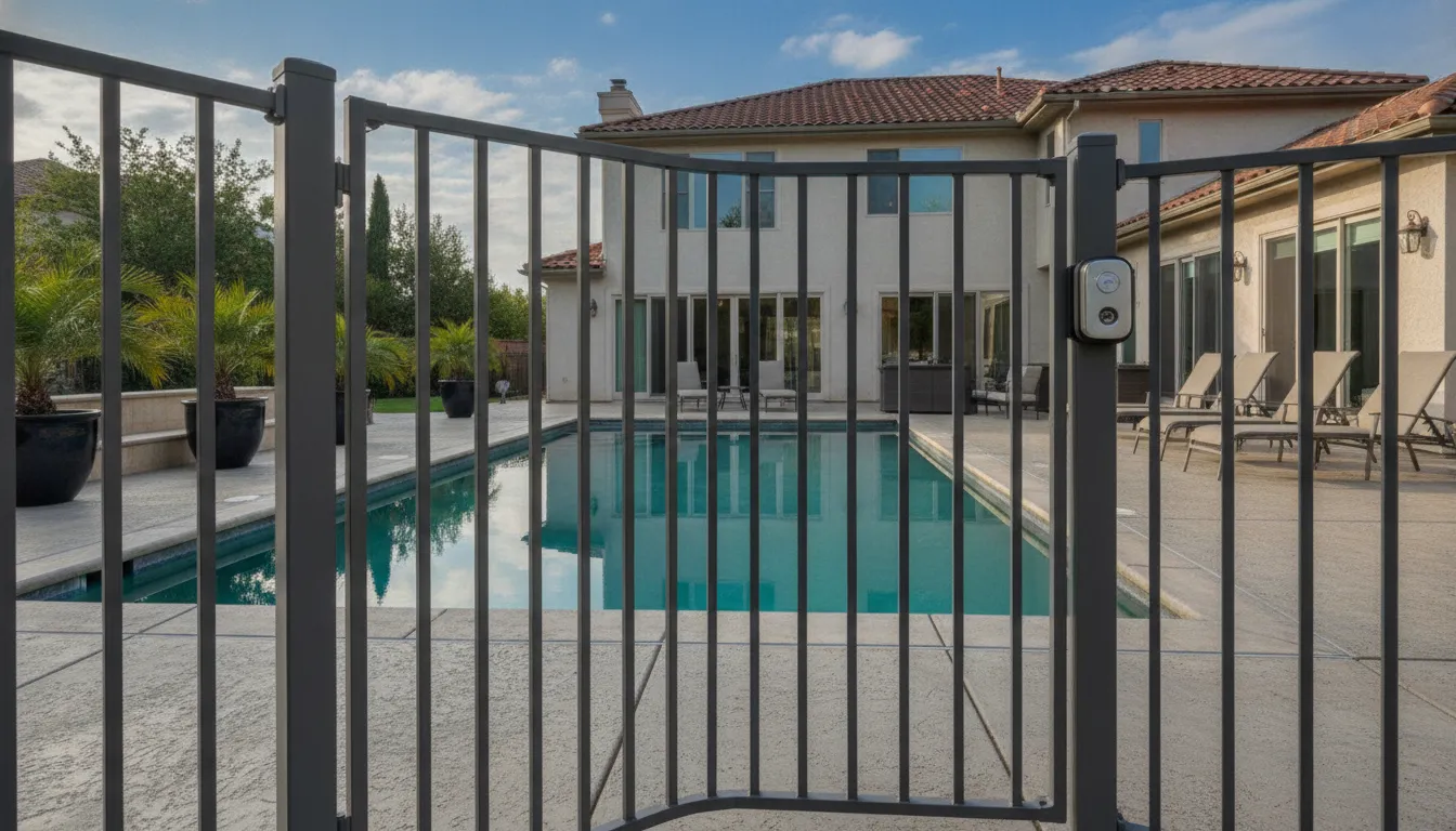 Aluminum Pool Fence Guide for Anaheim Homes 2 Aluminum pool gate and latch beside a backyard swimming pool