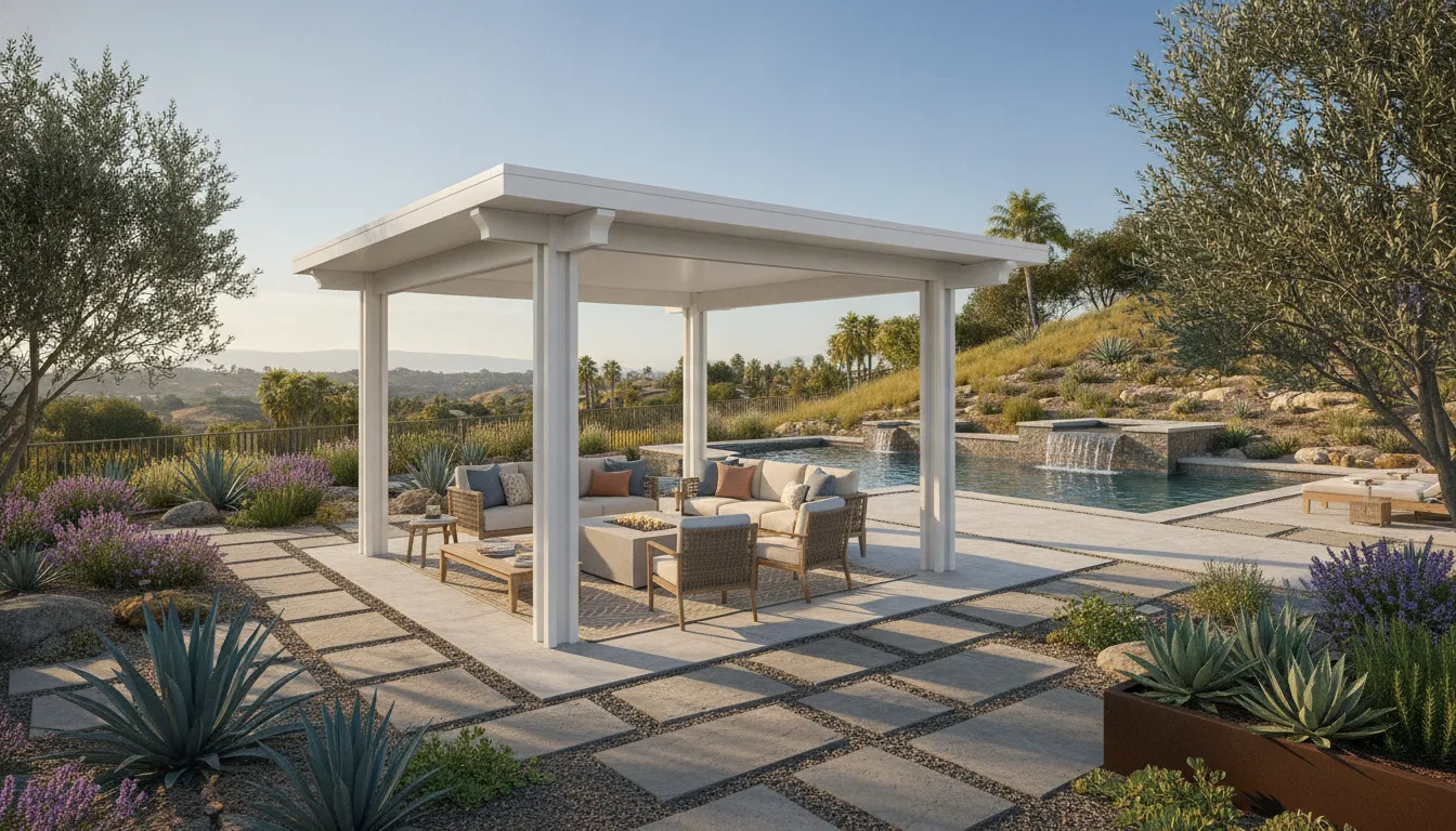 Custom Vinyl Patio Cover Design for Shade and Style 1 Modern Southern California backyard with a custom vinyl patio cover solid roof and outdoor furniture