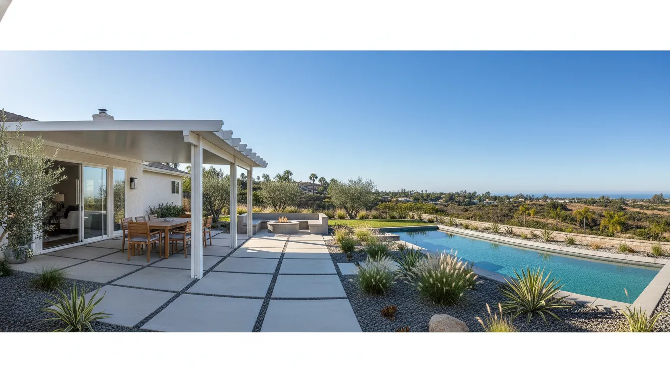 Vinyl Patio Covers: 2026 Cost, Styles & Installation 1 Solid white vinyl patio cover shading a Southern California backyard dining area