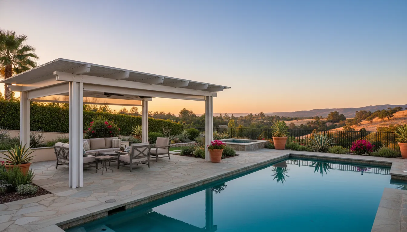 Vinyl Patio Covers: Anaheim Ideas and Cost Guide 1 Solid and lattice vinyl patio cover styles in a Southern California backyard