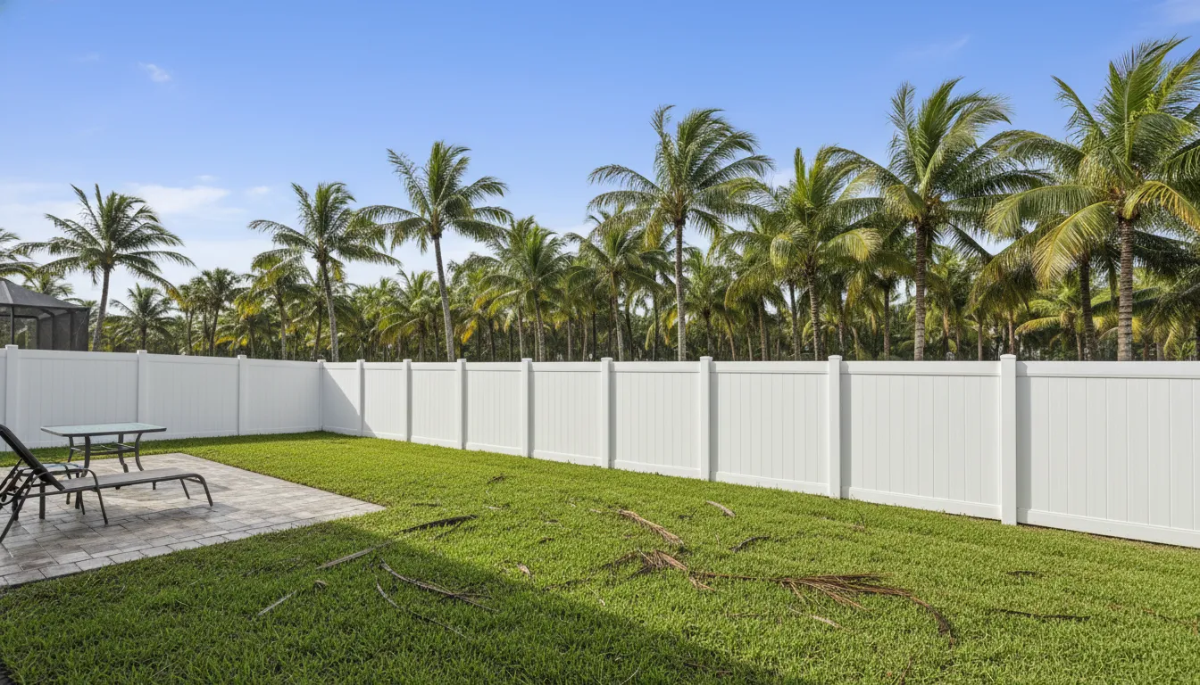 Vinyl Fence Florida: Hurricane-Ready Options 1 White vinyl fence Florida backyard with storm-ready coastal landscaping