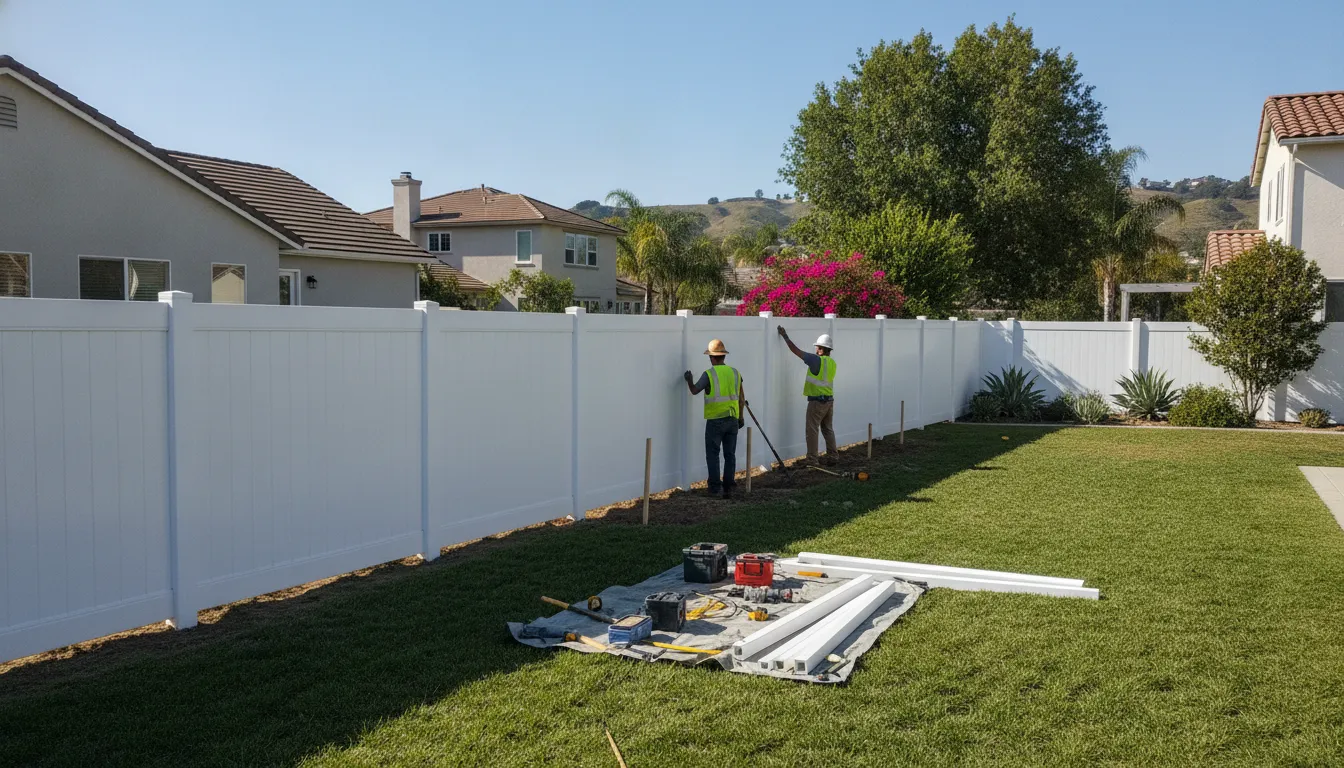 Vinyl Fence Installation Orange County Guide 1 vinyl fence installation Orange County crew setting white privacy fence posts