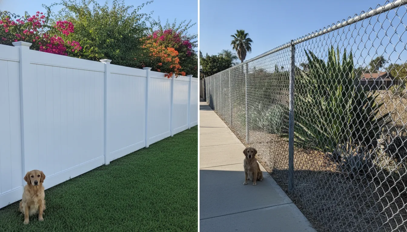 Vinyl Fence vs Chain Link: Which Is Better for Your Property? 1 White vinyl privacy fence panels next to galvanized chain link fence, side by side comparison