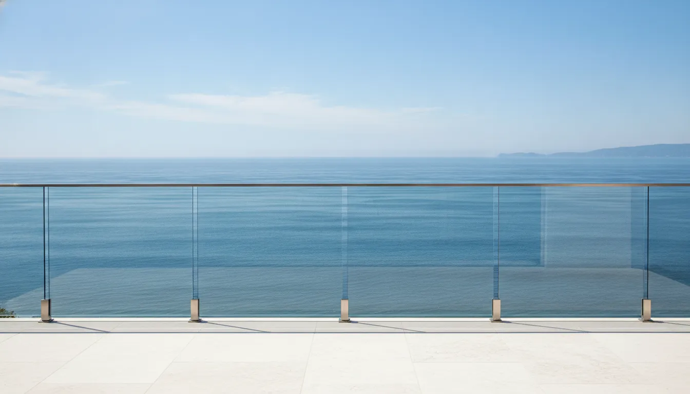 Exterior Glass Railing Systems for Decks and Balconies 1 Frameless exterior glass railing on a coastal Orange County balcony with an ocean view