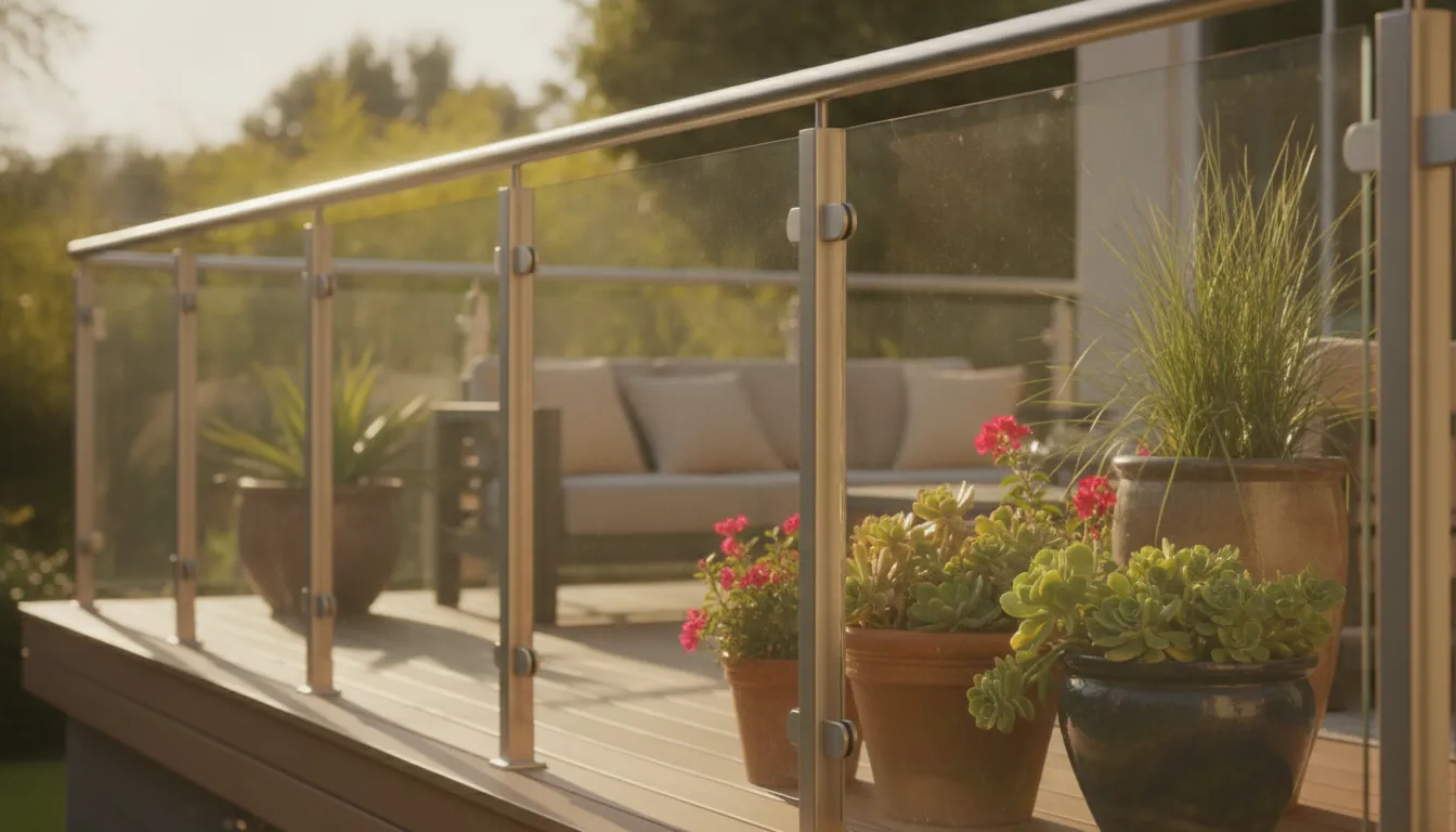 Exterior Glass Railing Systems for Decks and Balconies 2 Glass railing around a sunny backyard patio deck with a metal-handrail design