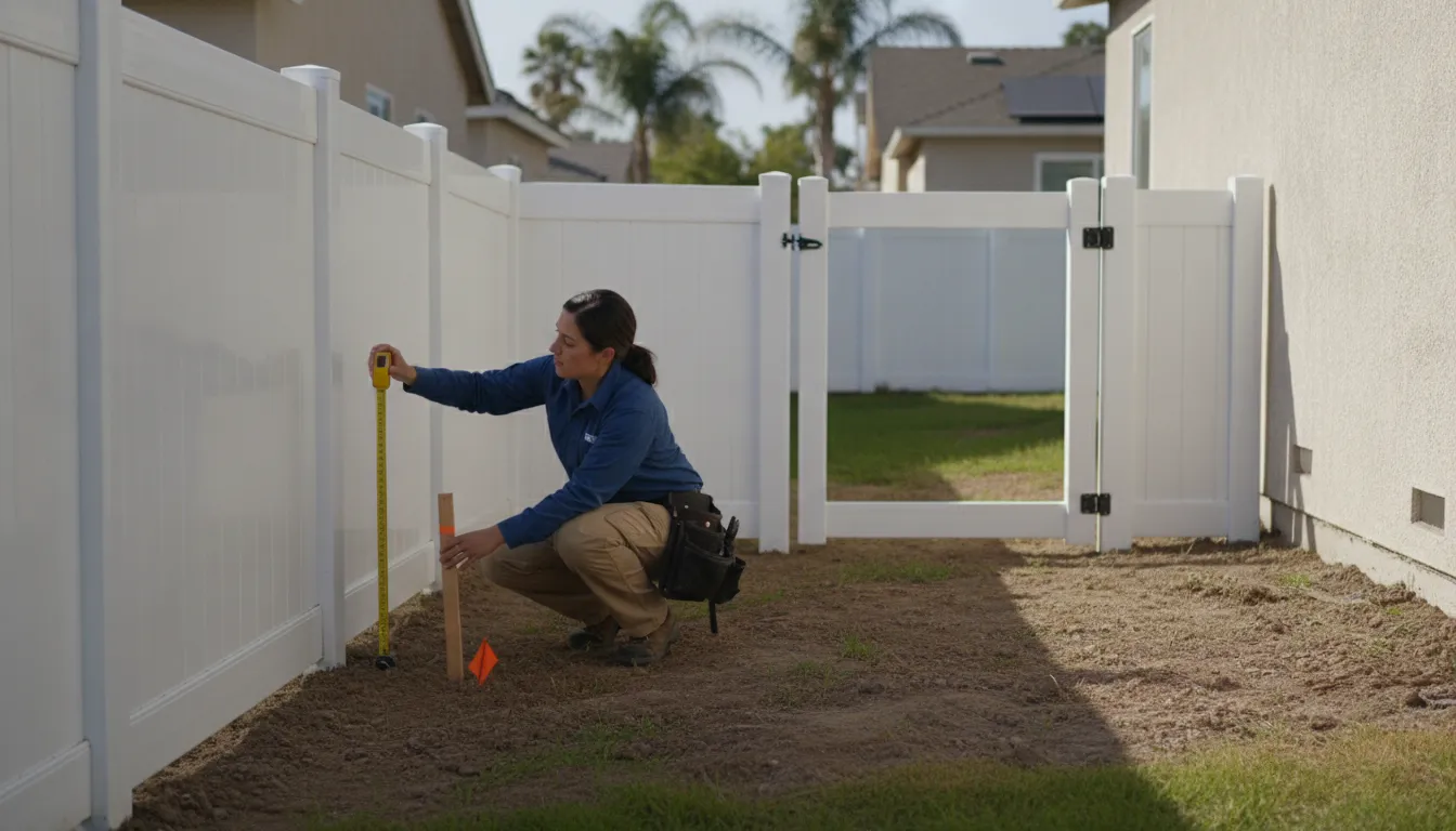 5 ft Vinyl Fence Panels: Planning Guide 1 Homeowner mapping a vinyl fence line around a yard with corners and a gate opening