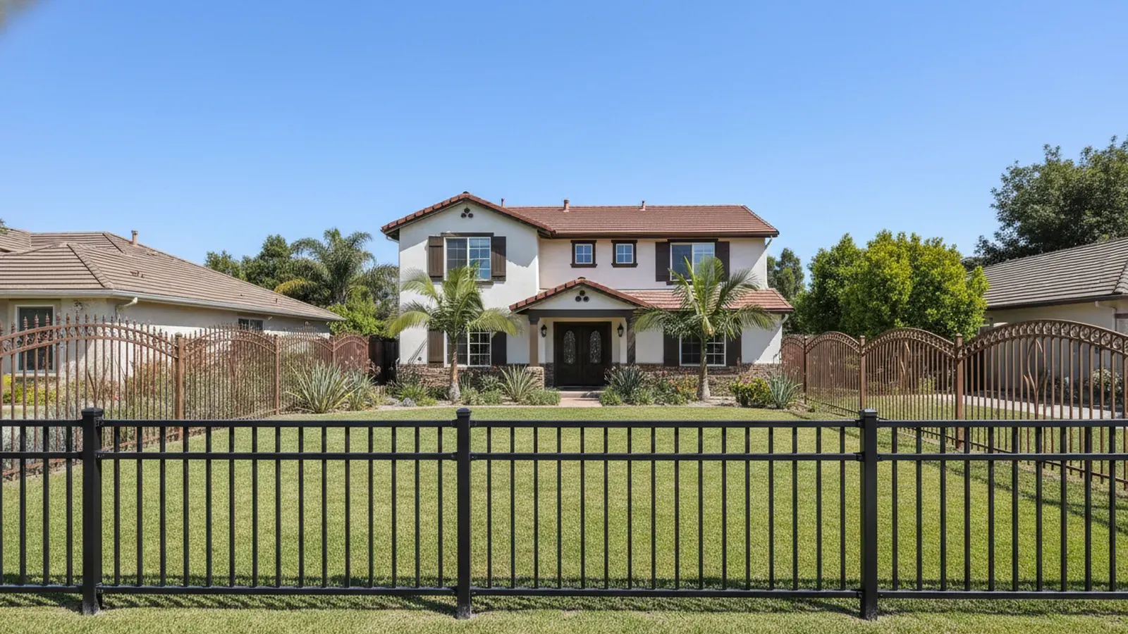 Metal vs Aluminum Fencing: Which Is Right? 1 Black aluminum metal fencing around a Southern California front yard